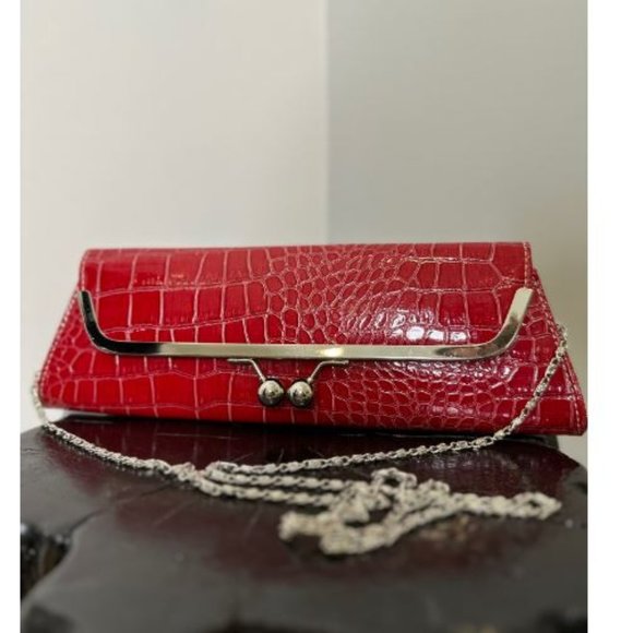 Womens Faux Snakeskin Clutch Bag Adjustable Strap Size L Red - Picture 1 of 1